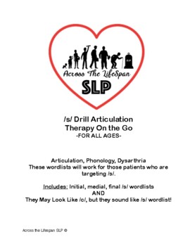 Preview of /s/ Drill Articulation Therapy Wordlist for ALL AGES