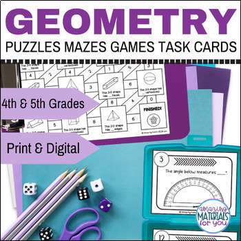 Preview of Geometry Activities Mazes Task Cards Puzzles Forms Color By Code BUNDLE