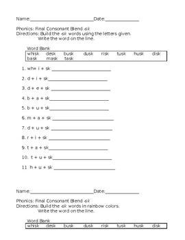 Preview of -sk Phonics Spelling Pattern Worksheets English Langusge Arts Activities