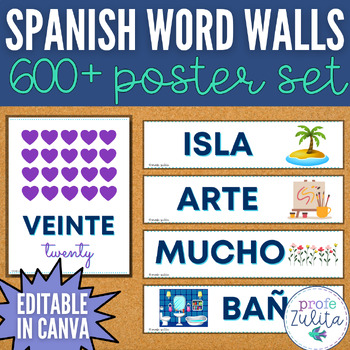Preview of Spanish Classroom Decor Editable Spanish Poster Bundle with 600+ Word Wall Cards