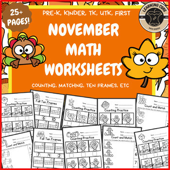Preview of November Math Worksheets No Prep PreK Kindergarten First Grade TK UTK