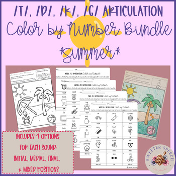Preview of /t/ /d/ /k/ /g/ Articulation Color By Number BUNDLE *Summer Picture*