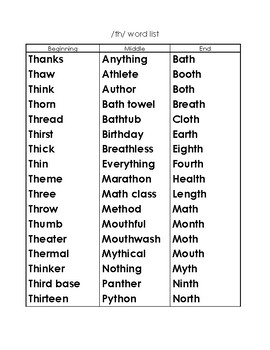 speech therapy th word list