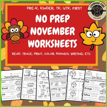 Preview of November Morning Work Worksheets No Prep PreK Kindergarten First TK UTK