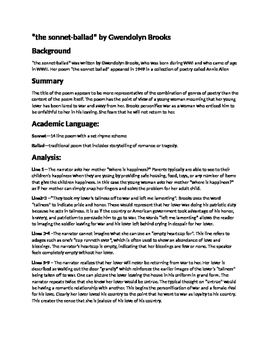 Preview of "the sonnet-ballad" Gwendolyn Brooks Analysis, Worksheet, Quiz