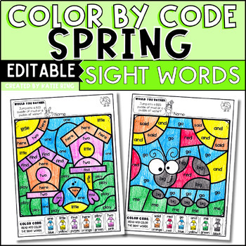 Preview of Spring Activities Editable Color by Code Sight Word Practice Morning Work 