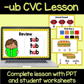 Preview of -ub Word Family Phonics CVC PPT Lesson & Worksheets w/Outschool-use Permission