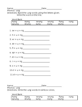 Preview of -ung Phonics Spelling Pattern Worksheets ELA Activities