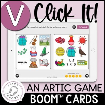 Preview of V Articulation Game for Speech Therapy Teletherapy Activity BOOM™ CARDS Click It