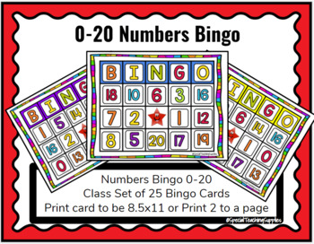 0-20 Numbers Bingo - 25 Bingo Cards Included - Pre-k, Kindergarten 