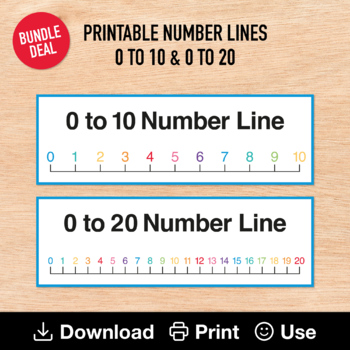Preview of 0 to 10 & 0 to 20 Number Line Bundle, 2 Reusable Resources, Basic Math, Rainbow