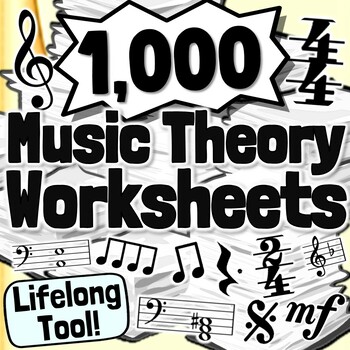 Preview of 1,000 Music Theory Worksheets | Clef Notation Rhythm And Symbols Complete