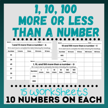 Preview of 1, 10, and 100 More or Less Than A Number Worksheets