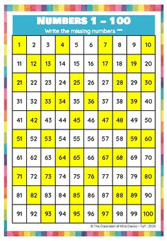 1-100 Number Chart, Write the Missing Numbers, Odd & Even Numbers