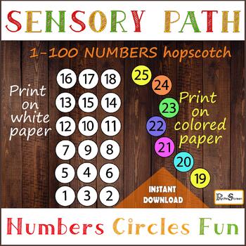 Preview of 1-100 Numbers Sensory path, Circles, Hopscotch for foot, feet, Number, Counting
