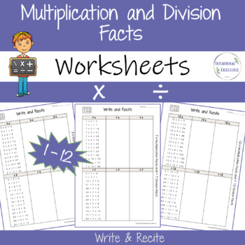 Preview of Write Recite Basic Multiplication Division Facts WORKSHEETS 1 - 12 Times Tables