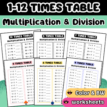 Preview of 1-12 Times Table Multiplication and Division Worksheets  (Color & BW)