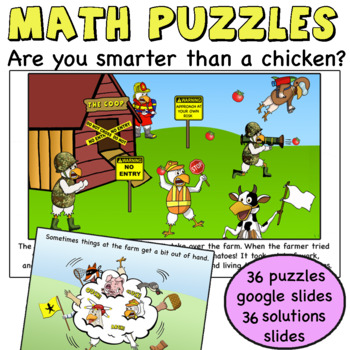 Preview of 1,2,3  Math Puzzles chickens brainteasers warm ups centers  digital challenge