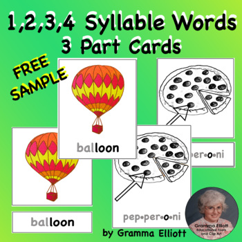 Preview of 1  2  3  and 4  Syllable Words on 3 Part Cards Printable Free Sample