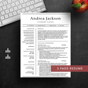 Preview of 1, 2 & 3 page teacher resume template for Word & Pages | Instant download