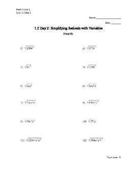 1.2 Day 2 Simplifying Radicals with Variables Worksheet by Keep It