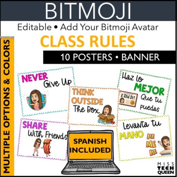 Preview of Classroom Rules BITMOJI EDITABLE with SPANISH posters Bright Positive Community
