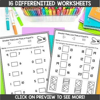 comparing numbers to 20 using greater than less than equal worksheets