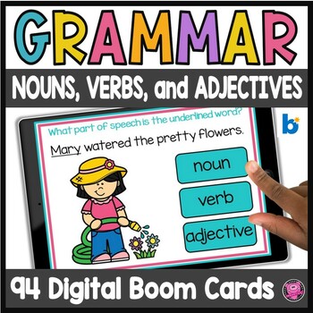Preview of Nouns Verbs Adjectives Boom Cards - Digital Parts of Speech Grammar Task Cards