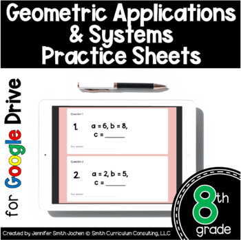 Preview of 8th Grade Practice Sheets Geometric Applications & Systems Google Drive