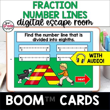 Preview of Fraction Number Lines Boom Cards Math Escape Room Activity with Audio