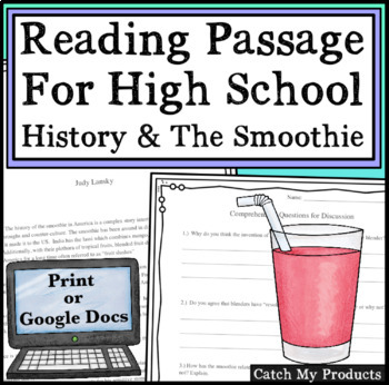 Preview of High School Reading Comprehension Passage and Questions Worksheets Smoothies