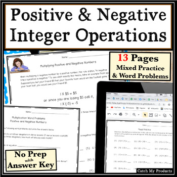 Preview of Positive and Negative Integers Operations Word Problems Worksheets Print Digital
