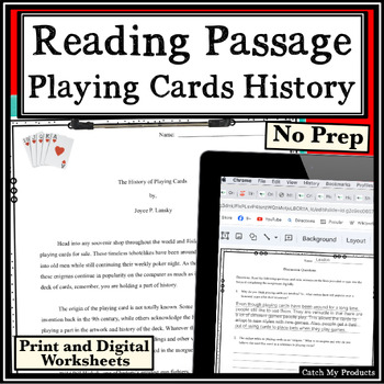 Preview of High School Reading Comprehension Passage and Questions Playing Cards