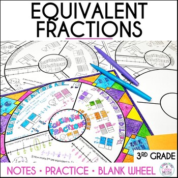 Preview of Equivalent Fractions Guided Notes Math Wheel Worksheet 3rd Grade