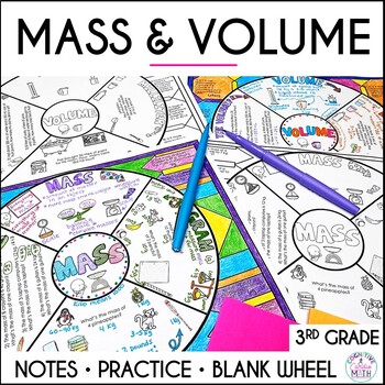 Preview of Mass & Volume 3rd Grade Guided Notes, Practice Math Doodle Wheel