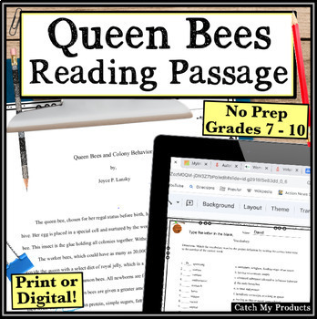 Preview of Nonfiction Middle School Reading Comprehension Passage and Questions on Bees