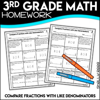 Comparing Fractions with Like Denominators Worksheets by Shelly Rees