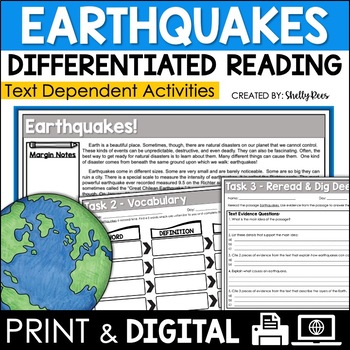 Preview of Earthquakes Reading Passage and Activities DIGITAL and PRINTABLE