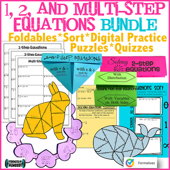 Preview of 1, 2 and Multi-Step Equations BIG BUNDLE: notes, practice, puzzles, quiz, wreath