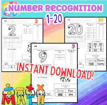 Preview of 1-20 Number Recognition Worksheets Preschool-1st Grade