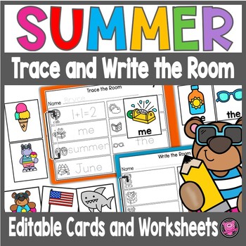 Preview of Write the Room Summer Kindergarten EDITABLE Writing Worksheets 