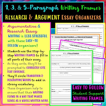 Preview of 1, 3, & 5-Paragraph Argument Essay Writing Frames - Research - Evidence