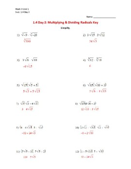 1.4 Day 2 Multiplying & Dividing Radicals Worksheet Key By Keep It Integrated