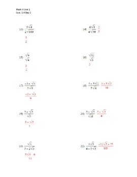 1.4 Day 2 Multiplying & Dividing Radicals Worksheet Key By Keep It Integrated