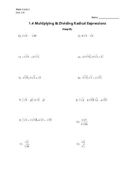 1 4 Multiplying Dividing Radicals Worksheet by Keep It Integrated