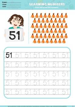 Preview of Writing Numbers 51-75, Formation, Trace, Count and Free Hand, Worksheets, Math