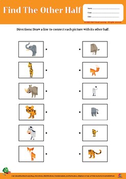 Preview of Find The Other Half, Finding a Half, matching activity, worksheet, Animals