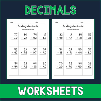 Preview of Adding Single Digit Decimals in Columns - Math Worksheets - Test Prep