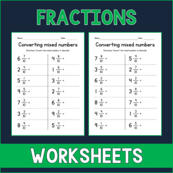 Preview of Convert Mixed Numbers to Decimals - Fractions Worksheets - Sub Plan