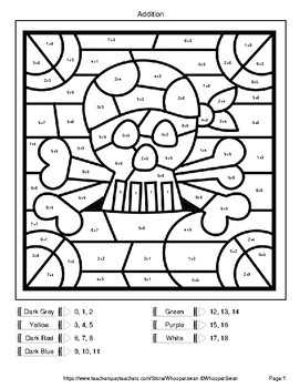 1 digit addition color by number coloring worksheets pirates